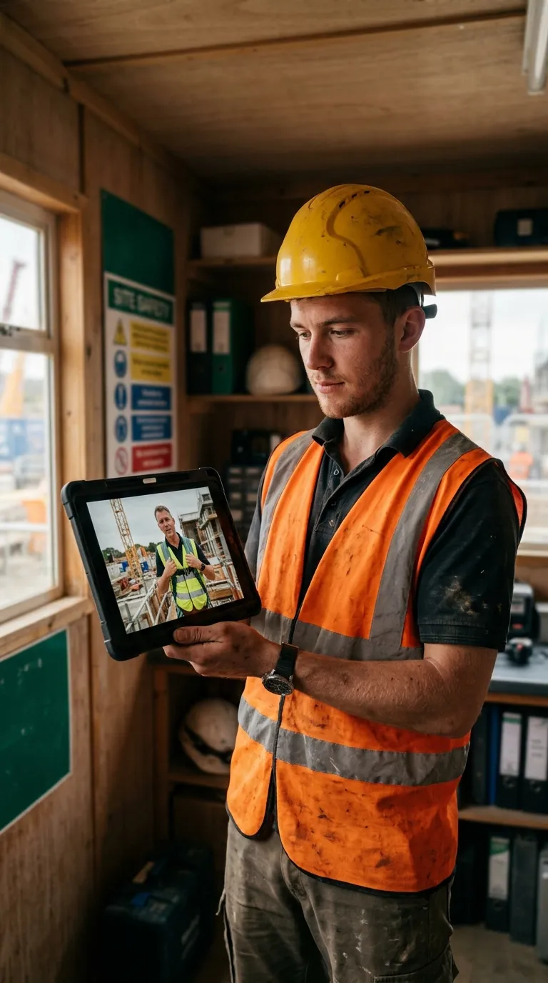 out-of-date-training-content-risk-worker-trust-portrait Young construction apprentice in a yellow hard hat and hi-vis vest watching a safety training video on his phone on site