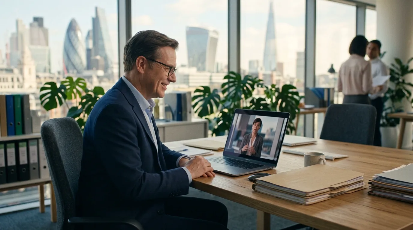 Rethinking Training Refresh Costs – When Modern E-Learning Recovers What Legacy Training Sunk Senior professional reviewing training refresh costs and paperwork at a desk overlooking the London skyline