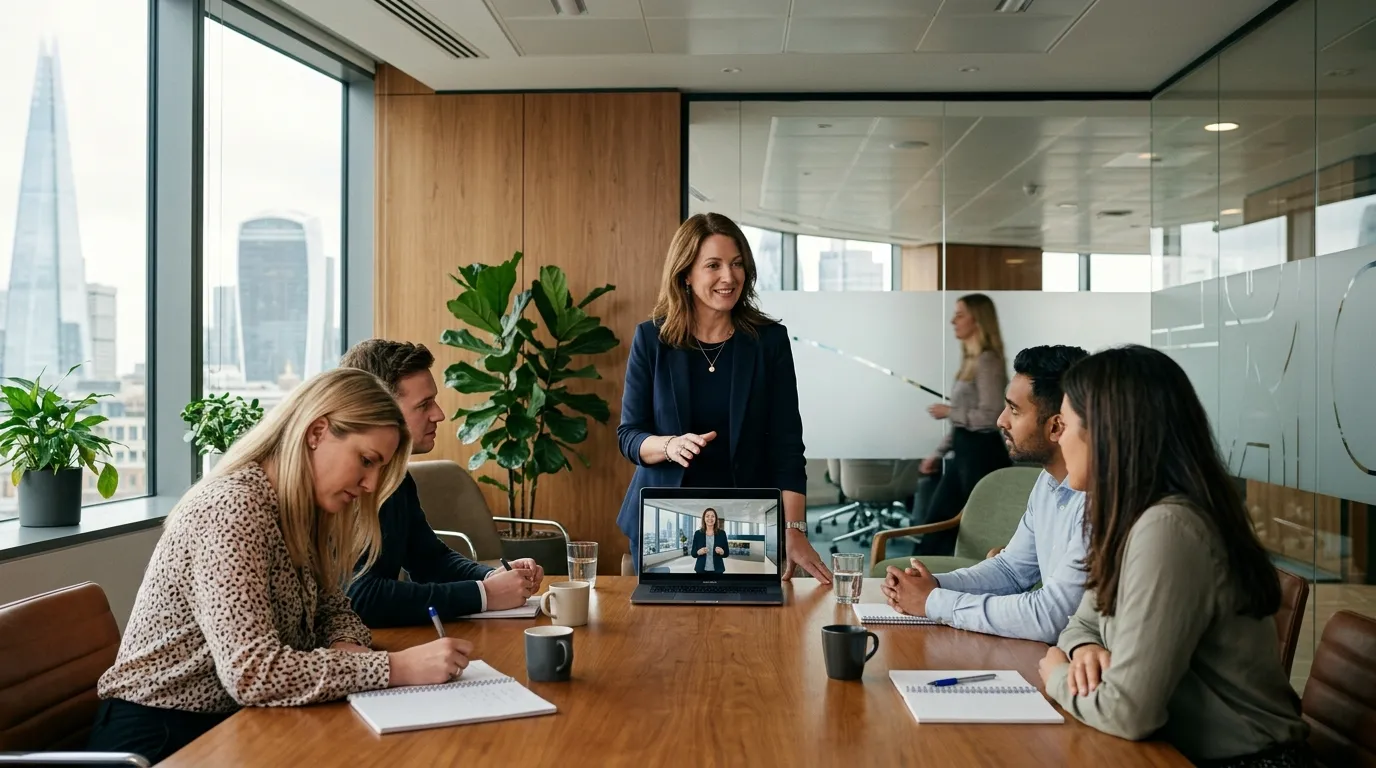 rolling-out-training-at-scale-hero Split scene compares filmed presenter and empty studio, contrasting AI avatars for training