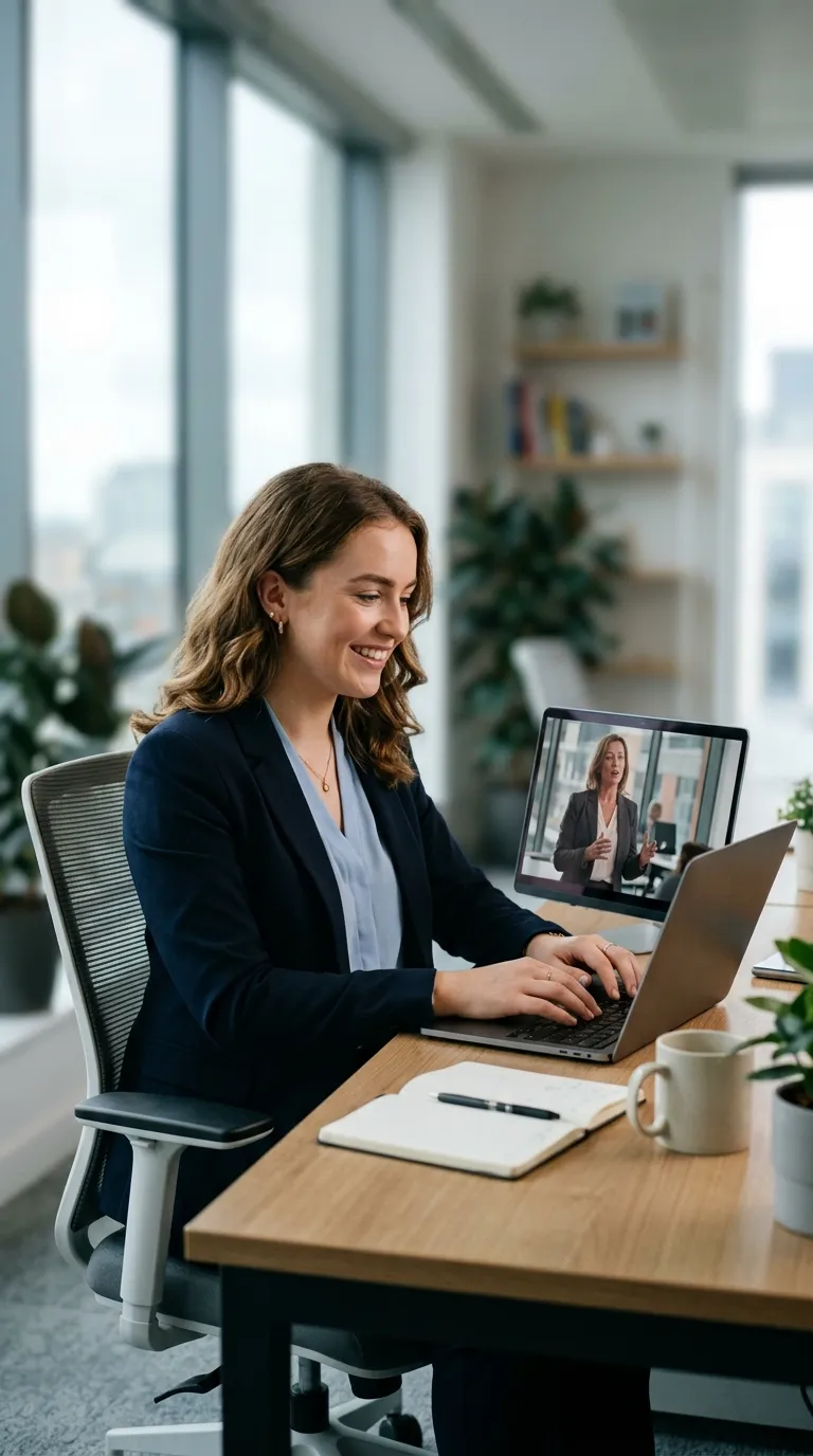 Online Safety Training for Irish Workplaces – Chosen by HR and L&D Teams Smiling HR professional in a navy blazer reviewing an online safety training programme on a laptop at a bright office desk, training people actually watch
