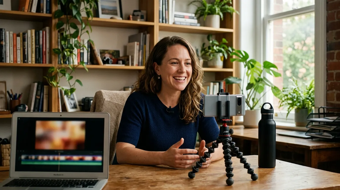 Recording With Confidence, Not a Crew Small business owner records training video simply, showing accessible video first learning